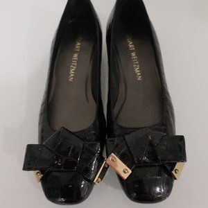Stuart Weitzman Black Patent Leather Bow Ballet Flats with Gold Accents